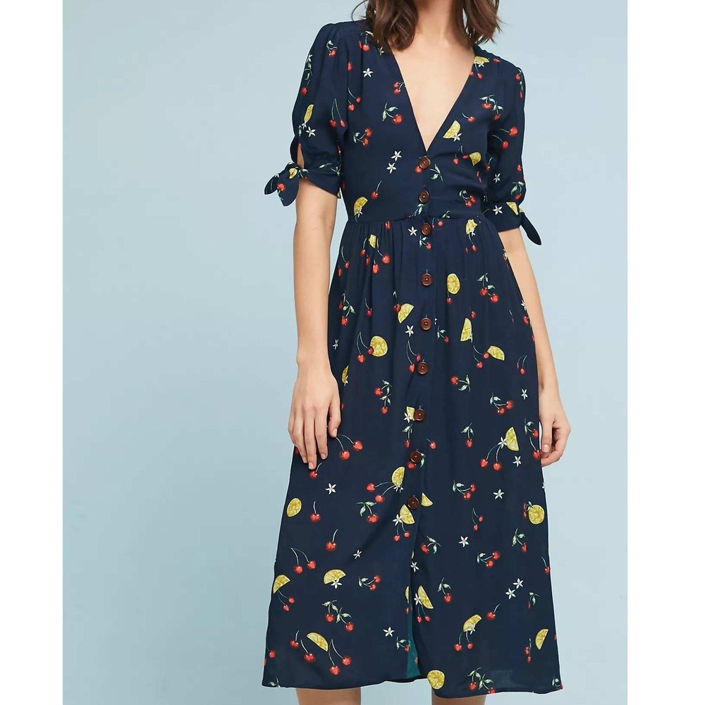 NEW Capulet Anthropologie Bettie Midi‎ Shirtdress Navy Fruit Print Size Medium